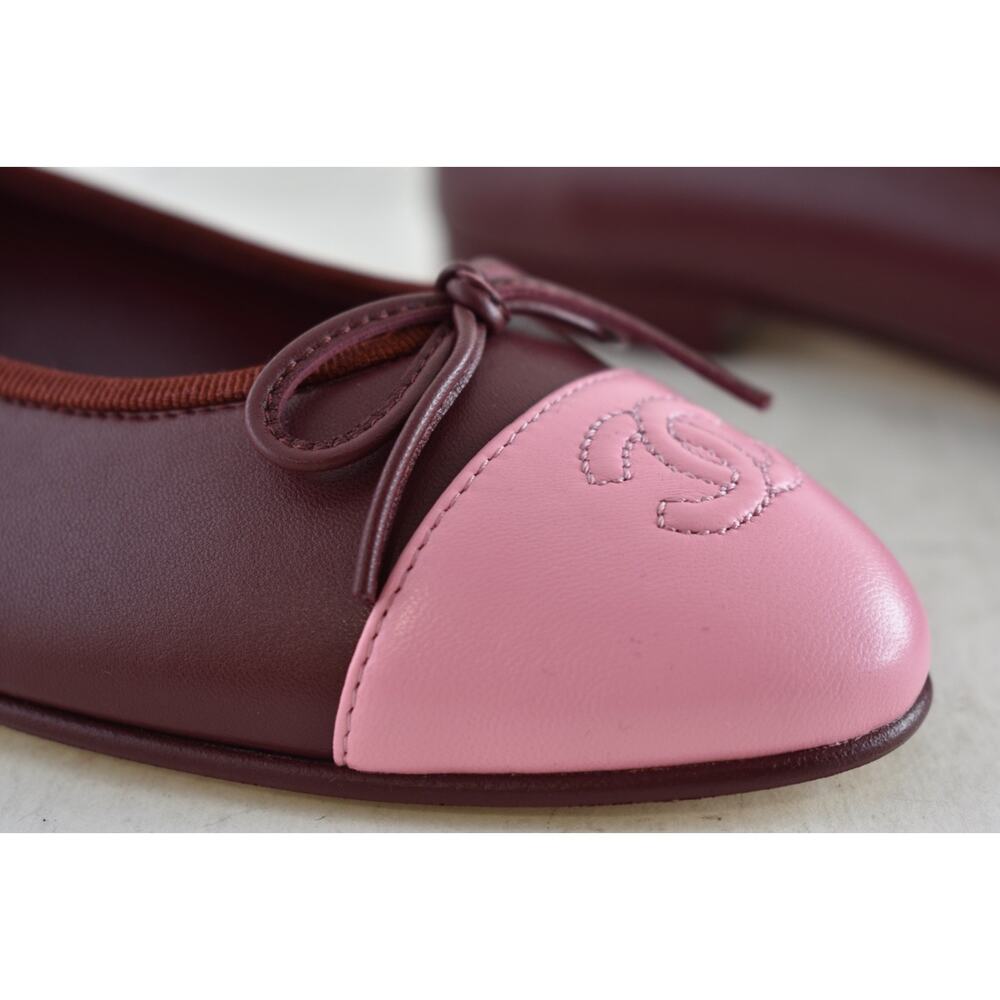 Chanel 26S Burgundy Red Pink Lambskin Leather CC Logo Ballet Ballerina Flat 37.5 - Picture 8 of 16